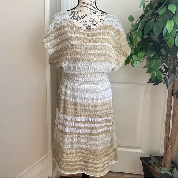 Anthropologie | Dresses | Cecilia Prado Anthropologie Striped Metallic Knit  Dress Gold Beige Sz M | Poshmark
